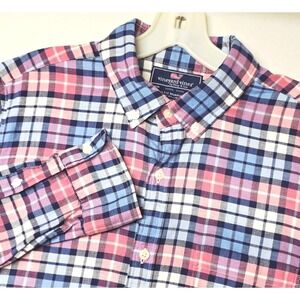 Vineyard Vines Murray Shirt Mens Medium Pink Blue Plaid Slim Fit Cotton Linen